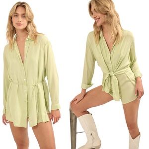 Promesa Nine to Five Matte Satin Button-Up Shirt Romper Mellow Green NWOT Small